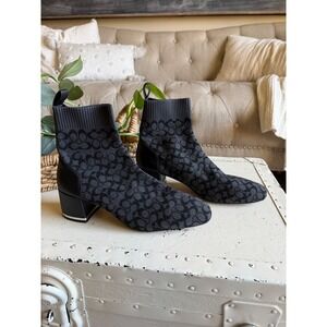 COACH Neeka Bootie Sock Boots Black Monogram Knit Block Heel Ankle Women's 9.5